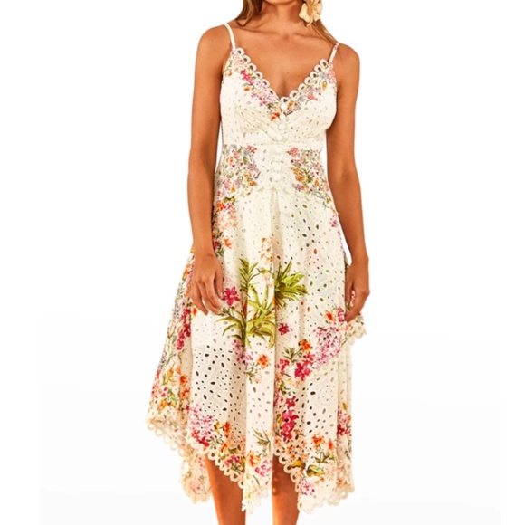 NWT $295 Farm Rio Delicate Forest Scarves Eyelet Midi Dress in Small! - Picture 2 of 6